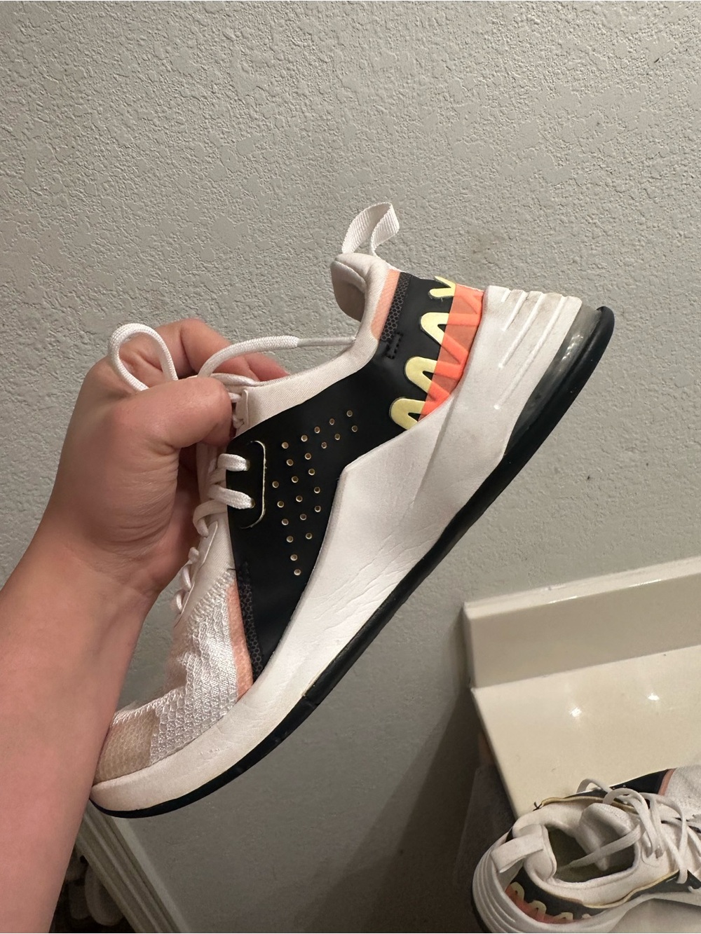 White Athletic Sneakers with Black, Peach & Yellow Accents
